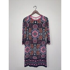 Eliza J Women Size 8 Shift Dress Multicolor Geometric 3/4 Sleeve Lined Lagenlook